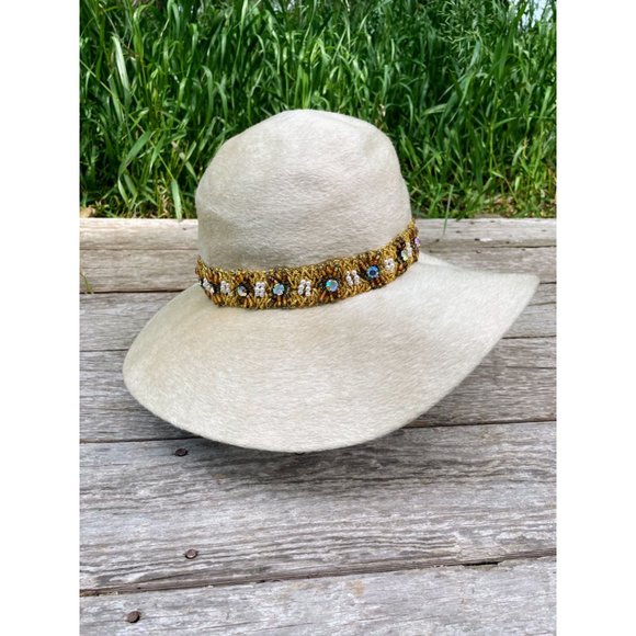 Vintage 1960s Felted Wool Bucket Hat Rhinestone Pearl Band Helios Jan Leslie - Picture 3 of 16